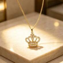 1件女款嘻哈休閒風鋅合金水鑽金色皇冠吊墜項鍊，日常、度假、百搭單品 - 金色 - 查看 9