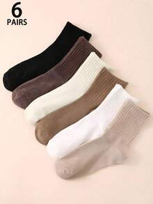6 Pairs Brown Striped Mid-Calf Socks For Women, Autumn/Winter, Retro Solid Color Breathable Socks, Japanese Gentle Style, Soft Skin-Friendly Socks With Ruffle Edge, Versatile All-Match Style (1/3/5/6/10/12/18/20 Pairs) - Multicolor - View 1