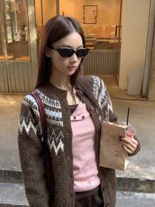 Women's Vintage Fair Isle Pattern Button-Up Cardigan Knit Sweater Long Sleeve Winter Top - Brown - View 5