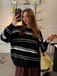 OJOK Korean Style New Round Neck Contrast Color Striped Loose Casual Women's Sweater - Black - View 4