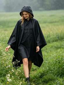 Multifunctional Hooded Adult Raincoat, Portable High-Quality Raincoat, Lightweight Rain Cape With Neck Button, Suitable For Hiking, Cycling, Camping, Fishing And Rainy Day Outdoor Activities - Black - View 2