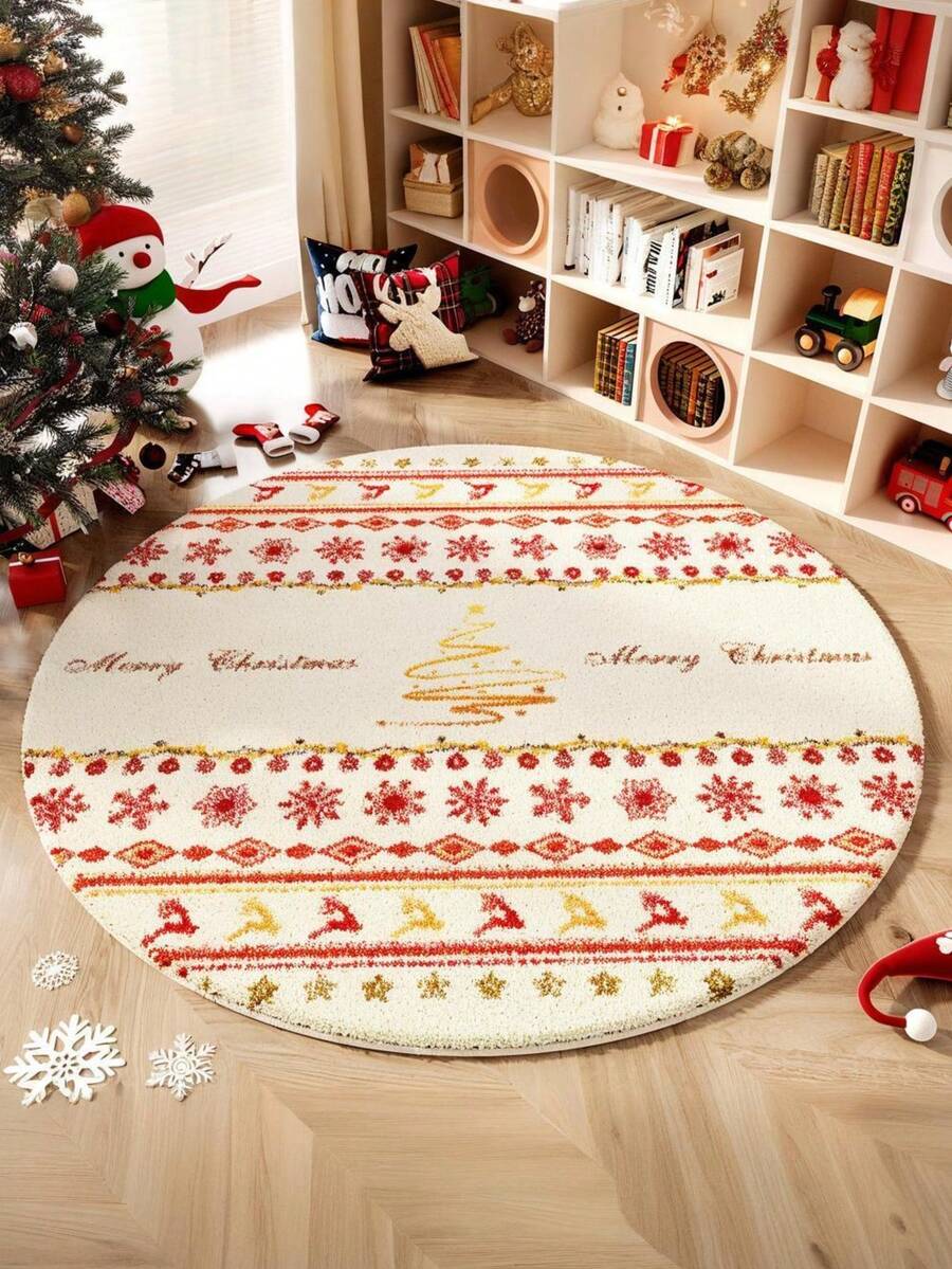 Round Burgundy Christmas Tufted Rug Checkered Border Snowman Gingerbread Gift Candy Cane Plush Rug - Multicolor - View 1