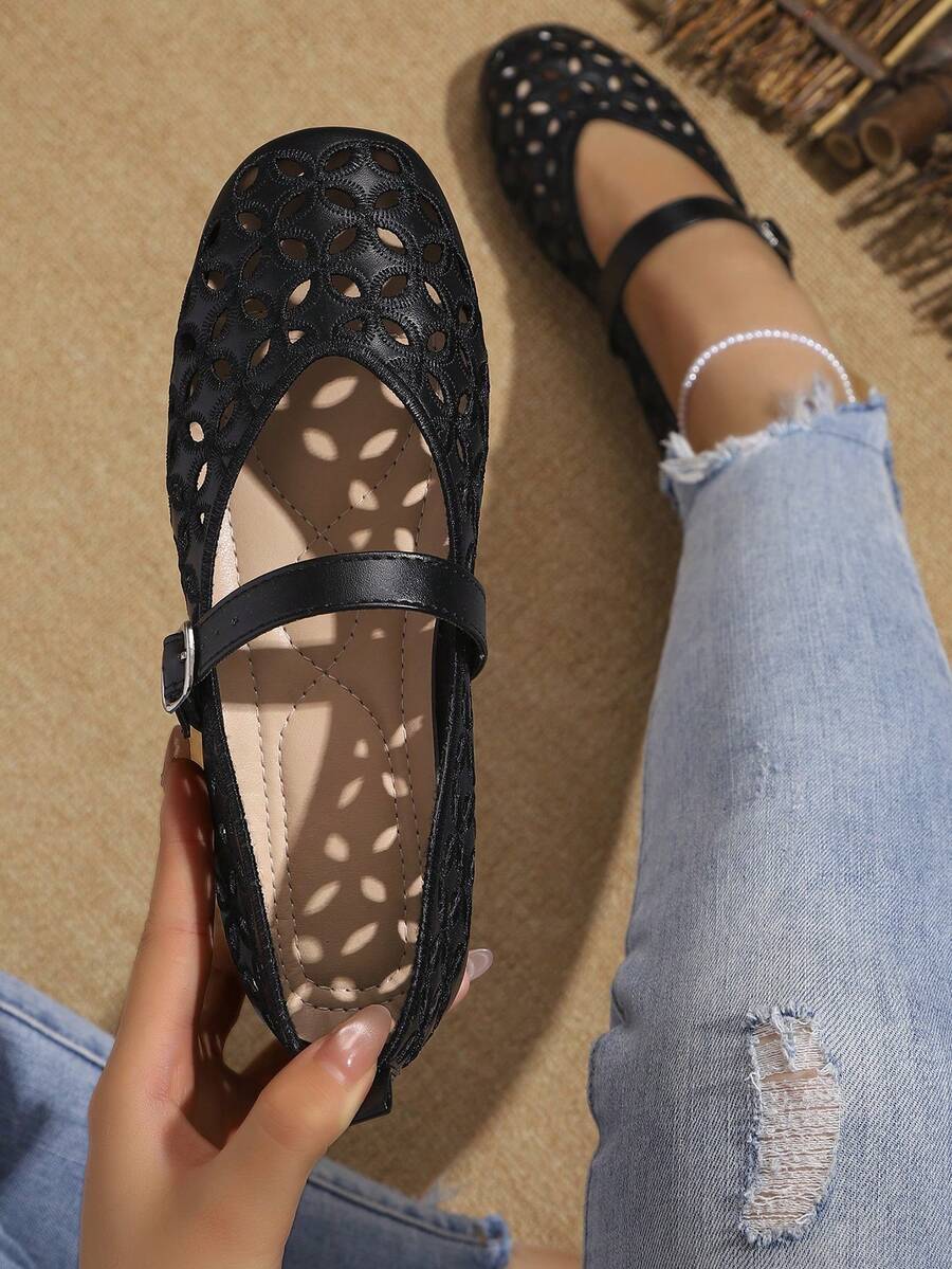 Women's Flat Ballet Shoes With Embroidered Pattern Upper, Solid Color Square Toe, Single Strap Across Instep, Casual Home And Outdoor Wear For All Seasons - Black - View 1