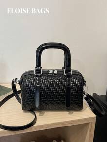 Vintage Woven Pattern Small Boston Handbag, Glossy Chain Crossbody Mini Bag, Commuter Versatile Mini Women's Bag - Black - View 2