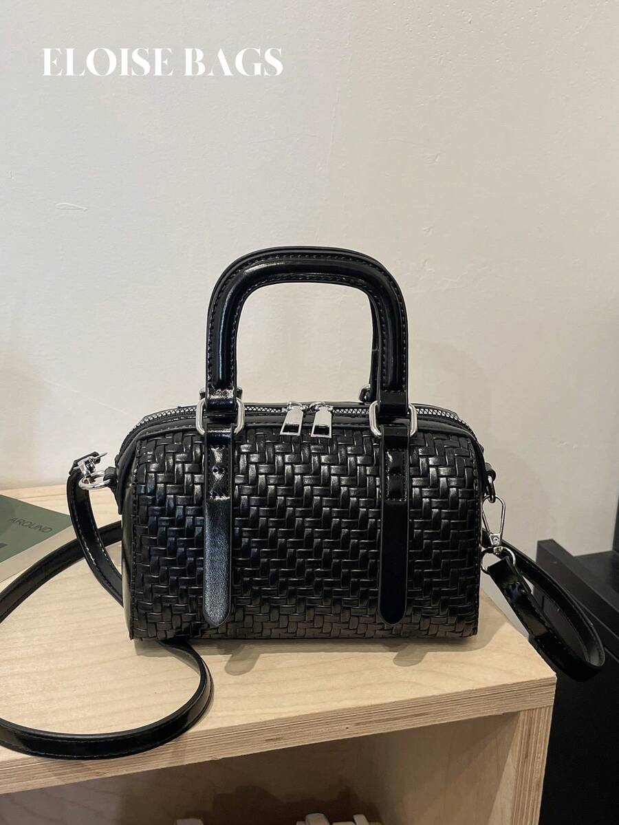 Vintage Woven Pattern Small Boston Handbag, Glossy Chain Crossbody Mini Bag, Commuter Versatile Mini Women's Bag