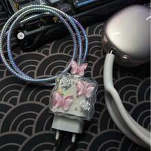 Y2K Kawaii Butterfly Charging Cable & Adapter Set, Pink Pearl Rhinestone Phone Cord With Clips, Aesthetic Sweet Phone Accessories - Multicolor - View 4