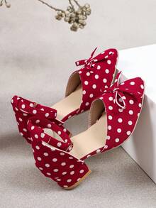 A Pair Of Kids' Polka-Dot Block-Heel Pumps, Cute Polka-Dot Flats, Pointed-Toe Bow Ankle Strap Low-Heel Shoes, Suitable For Parties And Daily Outfits - Red - View 4