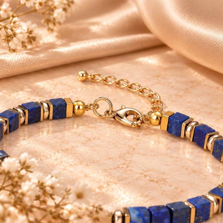 Vintage Style Deep Blue Textured Square Bead Bracelet, Gold Spacer Adjustable Extension Chain Design, Symbolizing Courage, Wisdom And Rational Judgment, Minimalist High-End Unisex Beaded Jewelry, Suitable For Daily Commute, Casual Wear And Holiday Gifts - Multicolor - View 4