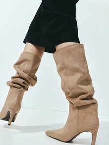French Blogger Style Pointed Toe Wide Shaft Knee-High Boots, Nordic Kitten Heel Riding Boots For Women, Ins Fashion - Khaki - View 2