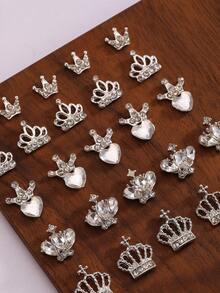 10Pcs 3D Crown Nail Charms, Silver Alloy Rhinestone Crown Nail Art Decorations, Crystal Heart Crown Nail Jewels For DIY Manicure - Multicolor - View 9