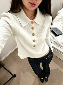 Women's Autumn/Winter Oversized Collar Knit Sweater, Slim Fit Flattering Long Sleeve Base Layer, Minimalist Solid Color All-Match Style White - White - View 1
