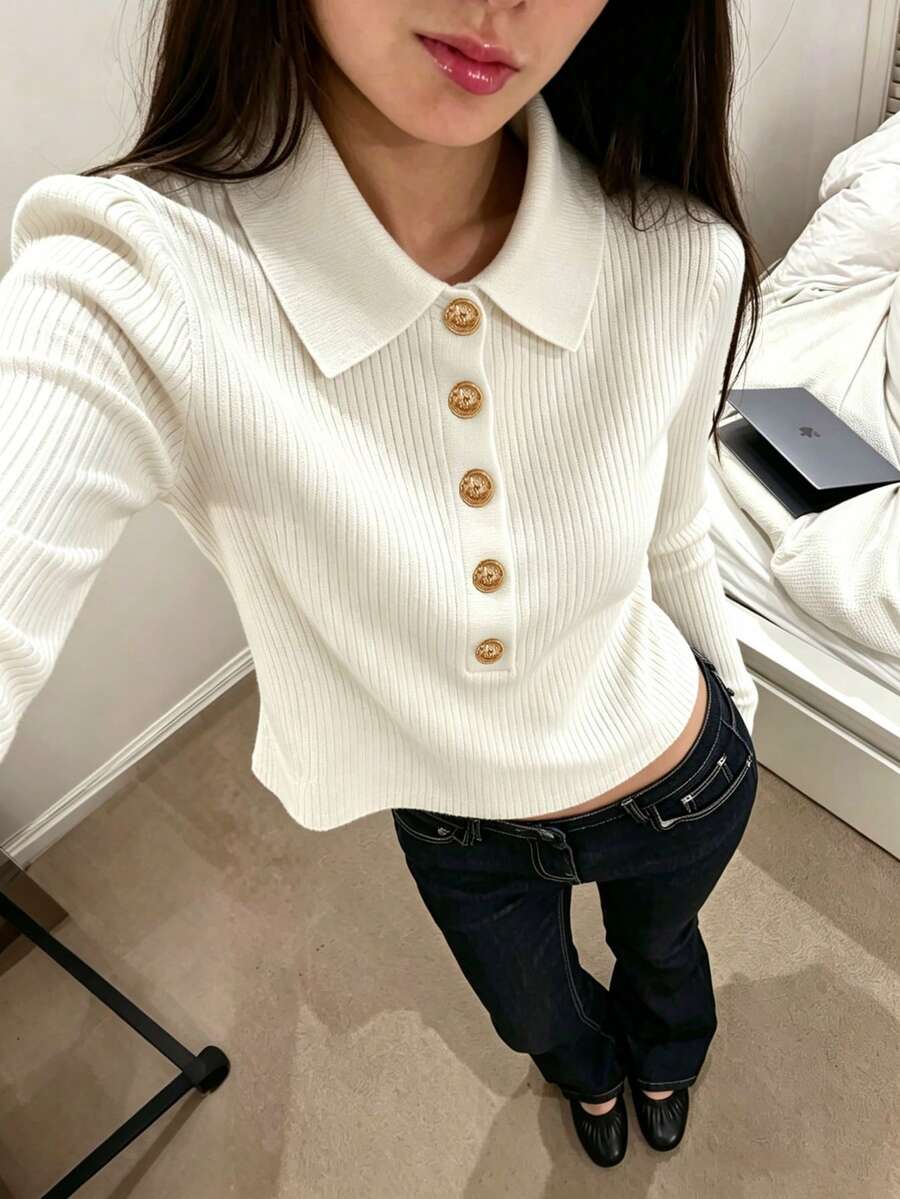 Women's Autumn/Winter Oversized Collar Knit Sweater, Slim Fit Flattering Long Sleeve Base Layer, Minimalist Solid Color All-Match Style White - White - View 1