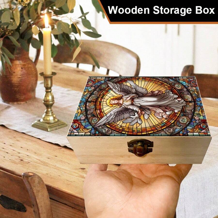 1pc Wooden Storage Box With Painted Glass Style Angel Pattern, Gift Box, Prayer Box, Small Item Organizer, Jewelry Storage Box, Suitable For Home, Office, Altar Decoration, Souvenir Box, Country Style And Religious Home Decor - Multicolor - View 1