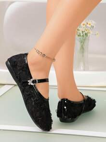 Black 3D Floral Lace Mary Jane Flat Shoes,Sheer Mesh Upper,Rhinestone‑Butterfly Buckle,Single Strap,Round Toe,Gentle Women Flat Shoes For Daily - Black - View 6