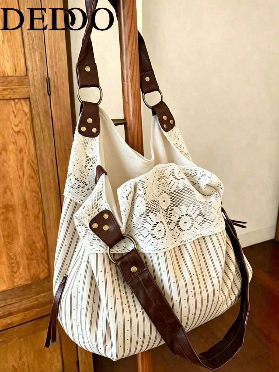 Dedoo 女款直條紋 Hobo 肩背包,布料蕾絲拼接 PU 肩帶,金屬鉚釘 D 型環,大容量,田園風,適合日常通勤旅行 - 白色 - 查看 1