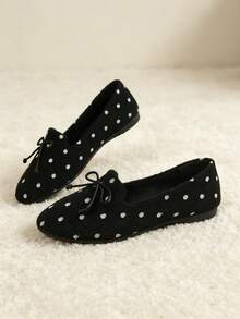 Maillard Black Polka Dot Bow Shallow Loafers, Fuzzy Round Toe Flat Slip-On Shoes, Soft Sole Daily Commute Shoes - Black - View 2