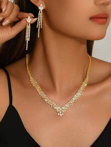 Women's Jewelry Necklace & Earrings Set, Rhombus Pattern Street Style 2-Piece Set, Bridal Accessories For Wedding Season - Gold - View 1