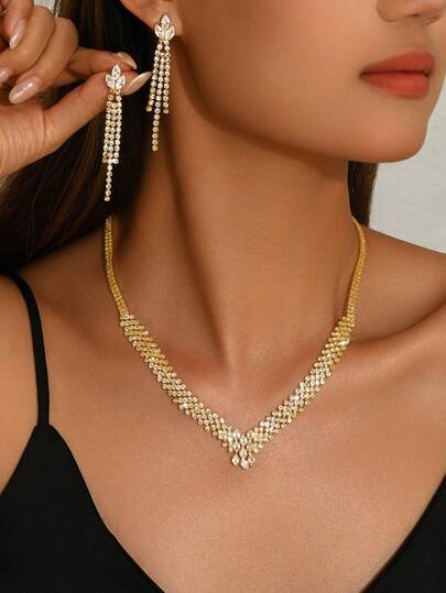 Women's Jewelry Necklace & Earrings Set, Rhombus Pattern Street Style 2-Piece Set, Bridal Accessories For Wedding Season