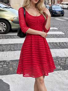 French Elegant 3/4 Sleeve Hollow Out Puff Dress, Fashionable Minimalist Red Dress, Suitable For Women's Party And Gathering - Red - View 5