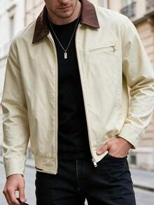 Vintage Colorblock Collar Short Jacket Men's American Style Contrast Lapel Zip-Up Silhouette Workwear Coat Spring Autumn - Light Yellow - View 5