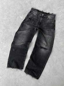 Men's Jeans, Men's Casual Pants, Loose Fit Men's Pants, Daily Commute Jeans, Simple & Fashionable, With Frayed Edge & Distressed Elements, Hip-Hop & Rap Style, Suitable For All Seasons & Summer, Men's Pants - Black - View 2