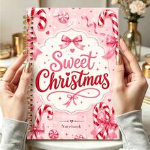 DANPERJI 1pc 14*21cm Pink Candy Cane "Sweet Christmas" Wirebound Notebook, Coquette Bow Peppermint Print Journal, Aesthetic Xmas Holiday Writing Notepad - Multicolor - View 1