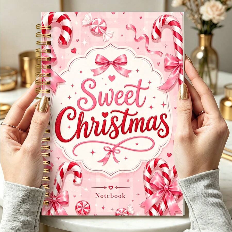 DANPERJI 1pc 14*21cm Pink Candy Cane "Sweet Christmas" Wirebound Notebook, Coquette Bow Peppermint Print Journal, Aesthetic Xmas Holiday Writing Notepad - Multicolor - View 1