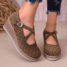 Polka Dot Round Toe Wedge Heel Buckle Strap Height-Increasing Retro Fashion Casual Loafers - Brown - View 4