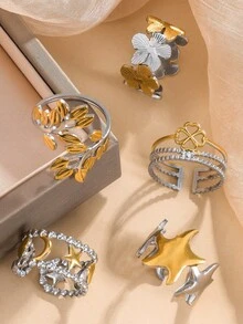 1/5pcs Color Block Stainless Steel Open Rings, Fashionable Women's Rust-Proof Rings, Durable Dual-Tone Rings, Suitable For Daily Wear - Color Block - View 6