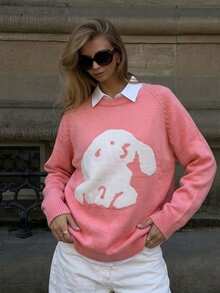 New Fashion Pink Sweet Style Cartoon Pattern Women's Loose Casual Sweater - Pink - View 5