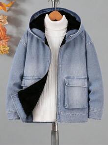 Boys' Autumn/Winter Casual Fashion College Street Style Patchwork Thermal-Lined Long Sleeve Hooded Denim Jacket - Light Wash - View 3