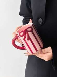 1pc Red Striped Ceramic Mug, Modern Minimalist Ins Style Creative Vertical Stripe & Bow Design Large Capacity Breakfast Coffee Cup, Home Breakfast Milk Cup, Suitable For Christmas, Saudi National Day, Gift For Classmates/Friends - Multicolor - View 11