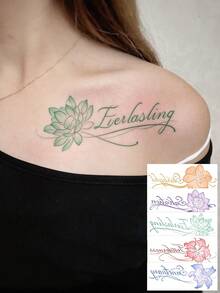 Floral Cursive Quote Temporary Tattoo Stickers, Multi-Color Thin Line Flower & Elegant Script Words, 5 Designs Pack, Waterproof Aesthetic Fake Tattoos For Collarbone Shoulder - Multicolor - View 1