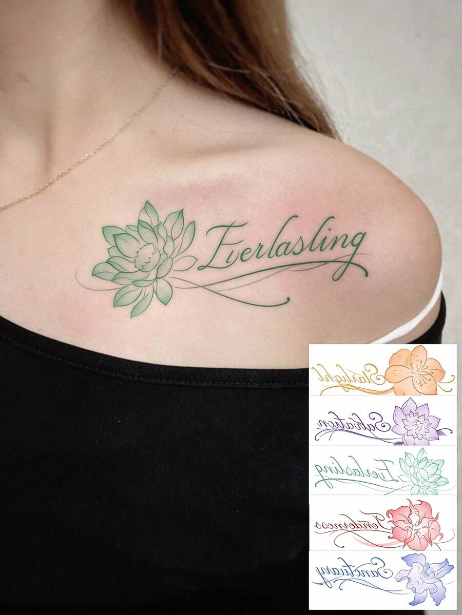 Floral Cursive Quote Temporary Tattoo Stickers, Multi-Color Thin Line Flower & Elegant Script Words, 5 Designs Pack, Waterproof Aesthetic Fake Tattoos For Collarbone Shoulder - Multicolor - View 1