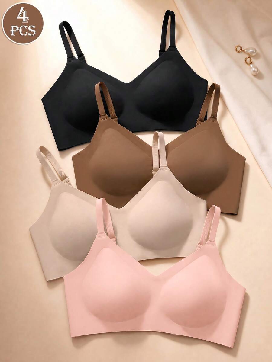 4pcs Women's Wireless Bra, Seamless Push-Up Invisible Underwear, Removable Padding, Black Adjustable Lingerie Set, Halloween Basic Style - Multicolor - View 1