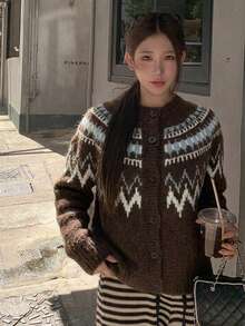 Women's Vintage Fair Isle Pattern Button-Up Cardigan Knit Sweater Long Sleeve Winter Top - Brown - View 4