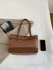 女款純色絎縫時尚大容量單肩托特包，磁吸開合，街頭休閒，攝影、日常通勤適用，大號 - 棕色 - 查看 3