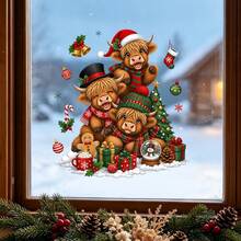 1/3pcs Cute Christmas Highland Cow Window Stickers, Double-Sided Visible PVC Static Cling Glass Decals, Suitable For Winter Holiday Party Window Display - Multicolor - View 3