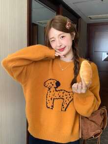 Women's Round Neck Puppy Pattern Long Sleeve Sweater, Winter Outfit - Burnt Orange - View 9