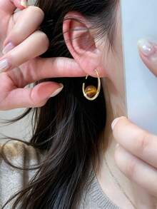 1 Pair Vintage Tiger Eye Teardrop Earrings For Women, High-End Luxury Gold Hoop Earrings With Atmospheric Vibe - Brown - View 4