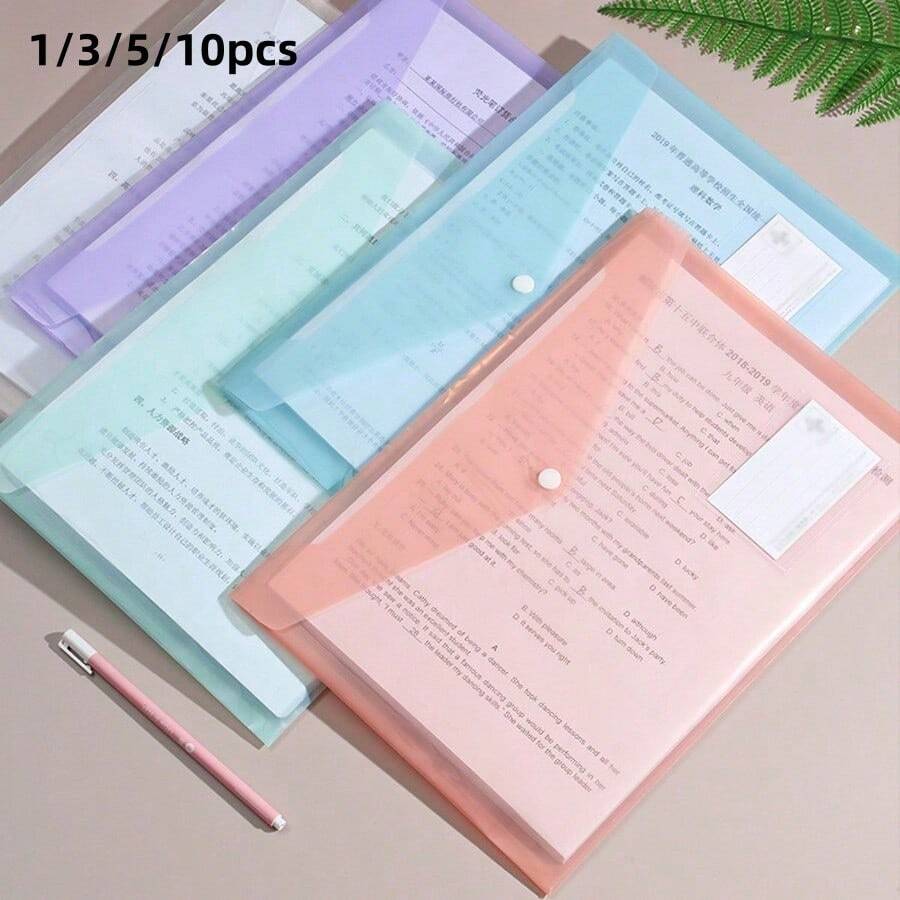 10/5/3/1 cái bìa hồ sơ A4 trong suốt bằng nhựa polypropylene, thiết kế mỏng, dễ mang theo, có nút bấm, bền và chống nước, nhiều màu macaron, phù hợp cho học sinh và văn phòng, bìa hồ sơ trường học - Nhiều kiểu dáng - Xem 1