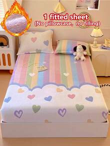 Thickened Snowflake Fleece Single Fitted Sheet (Pillowcase Not Included), Autumn/Winter Cartoon Print Non-Slip Mattress Protector, Snowflake Fleece Fabric, Soft And Warm, Elastic Band Design, Suitable For Bedroom Decor, Hotel And Dormitory Decor - Heart to Heart - View 3