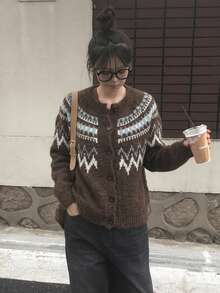 Women's Vintage Fair Isle Pattern Button-Up Cardigan Knit Sweater Long Sleeve Winter Top - Brown - View 3
