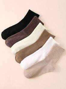 6 Pairs Brown Striped Mid-Calf Socks For Women, Autumn/Winter, Retro Solid Color Breathable Socks, Japanese Gentle Style, Soft Skin-Friendly Socks With Ruffle Edge, Versatile All-Match Style (1/3/5/6/10/12/18/20 Pairs) - Multicolor - View 2