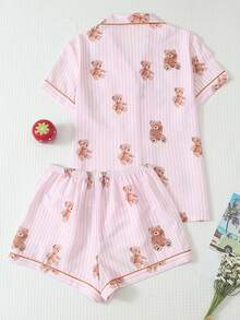2pcs Women's Comfortable Pink & White Striped Bear Print Short Sleeve Collared Top And Bow Shorts Pajama Set, Spring/Summer - Pink - View 2