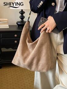 1pc Solid Color Suede New Women's Backpack, Shoulder Bag, Fashionable Large Capacity Crescent Bag, Zipper Closure, Suitable For Commuting, Shopping, Dating, Shopping - Multicolor - View 5