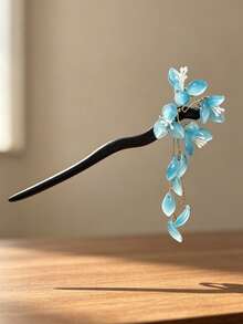1pc Blue Glass Flower Tassel Hair Stick, Women's Elegant Updo Hair Accessory, Suitable For Daily Wear, Party, Back Of Head Styling, Gift - Multicolor - View 8