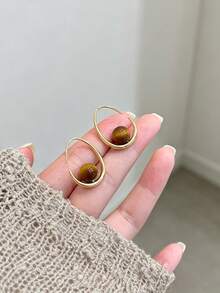 1 Pair Vintage Tiger Eye Teardrop Earrings For Women, High-End Luxury Gold Hoop Earrings With Atmospheric Vibe - Brown - View 8