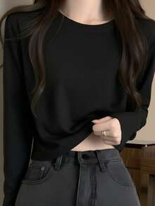 Black Round Neck Long Sleeve T-Shirt Women's Autumn New Slim Fit Short Length Elastic Base Layer Versatile All-Match Top - Black - View 5