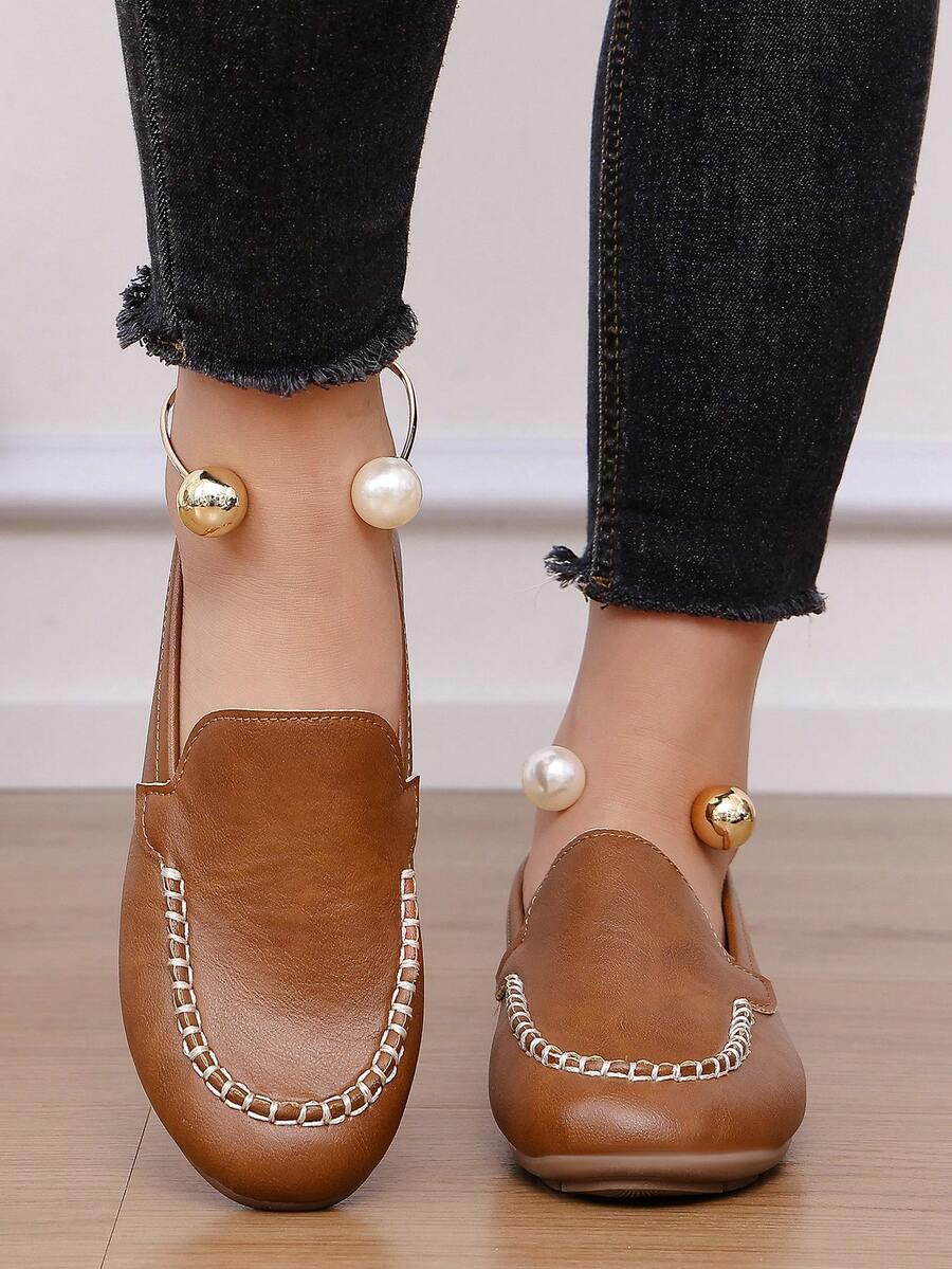New Women's Solid Color Flat Shoes, Fashionable Detachable Decoration Design, Solid Color Style More Suitable For Various Occasions - Brown - View 1